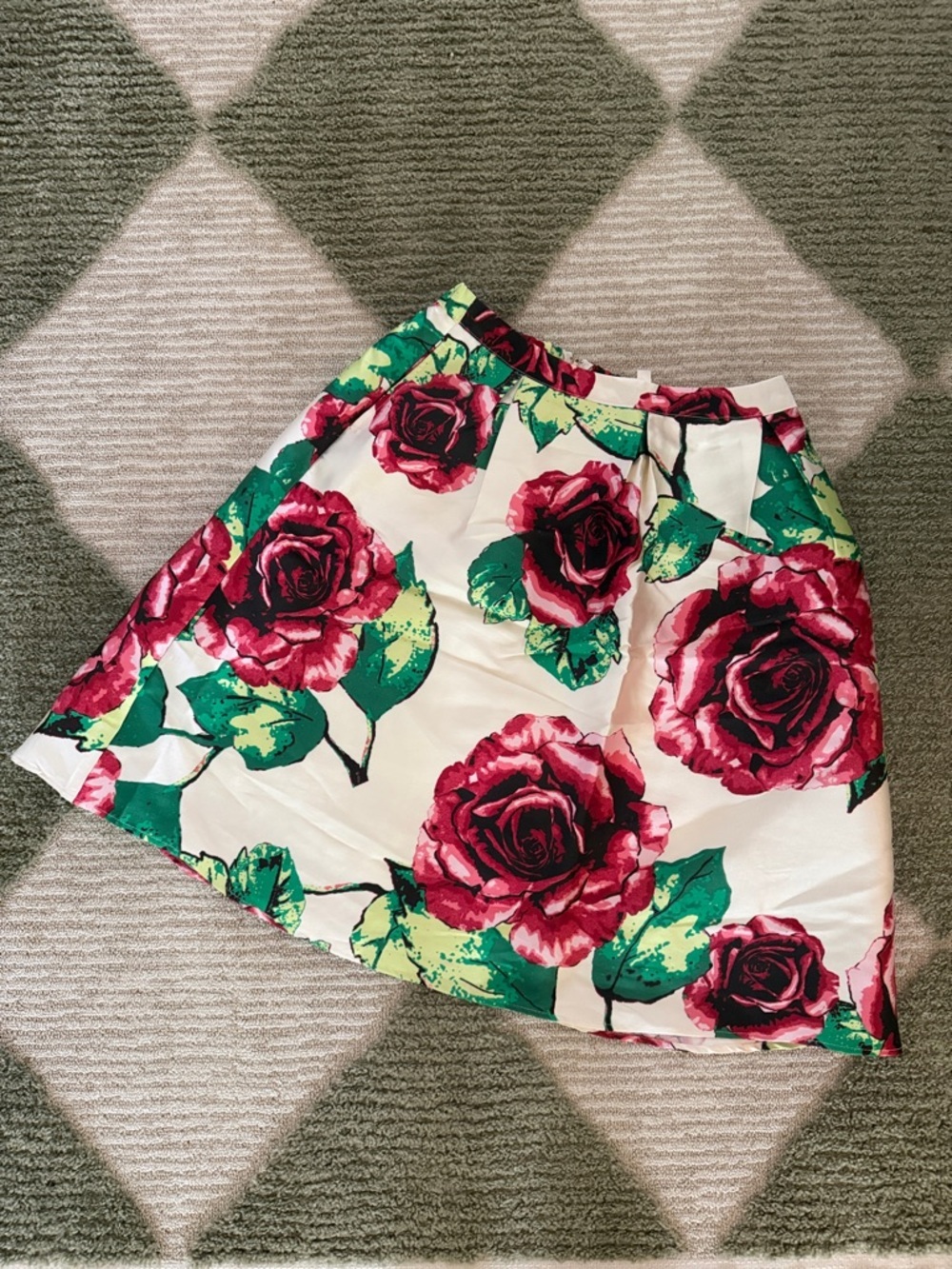 Floral A-Line Skirt in White and Red Rose Print